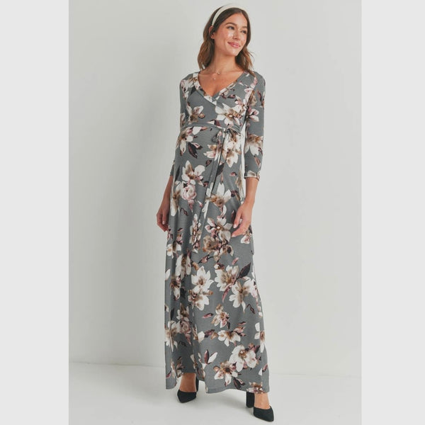Maternity/Nursing Wrap Dress - Grey Floral
