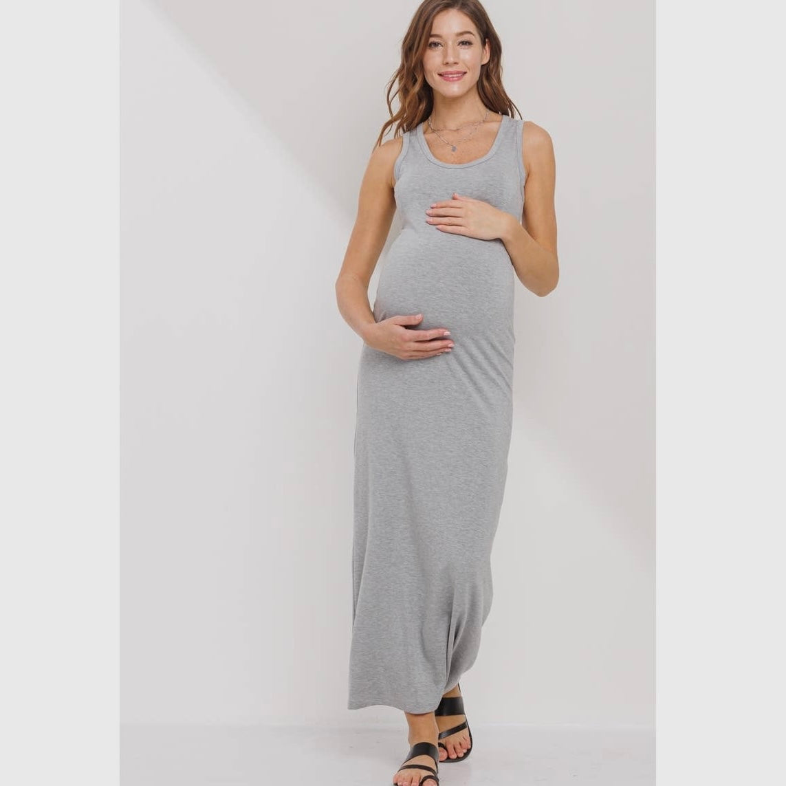 Casual Round Neck Tank Maxi Maternity Dress Heather Grey