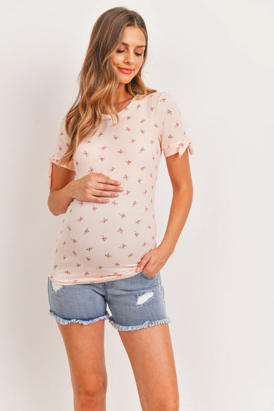 Ribbed Tie Sleeve Maternity Top - Peach Floral