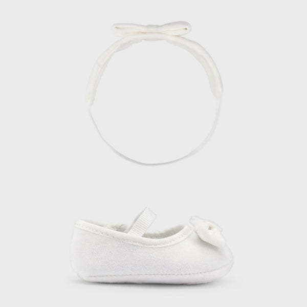 Infant Mary Janes with Matching Headband - Winter White