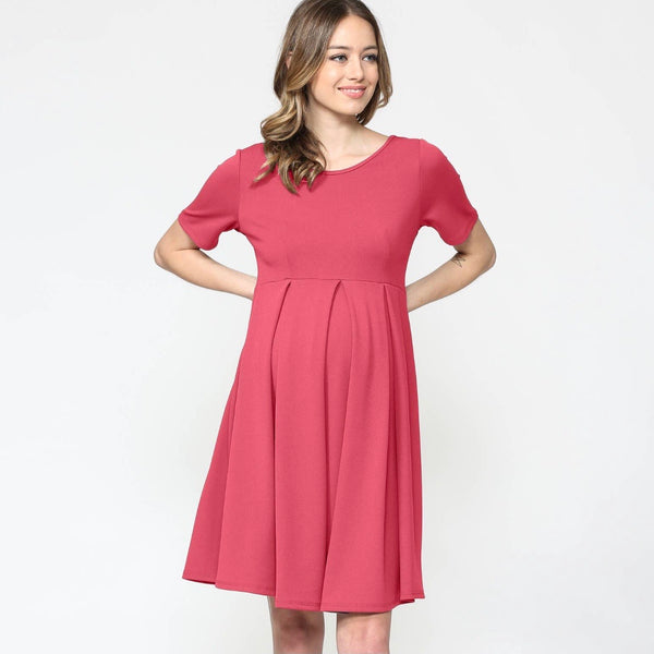 Maternity Swing Dress with Front Pleat - Hot Pink