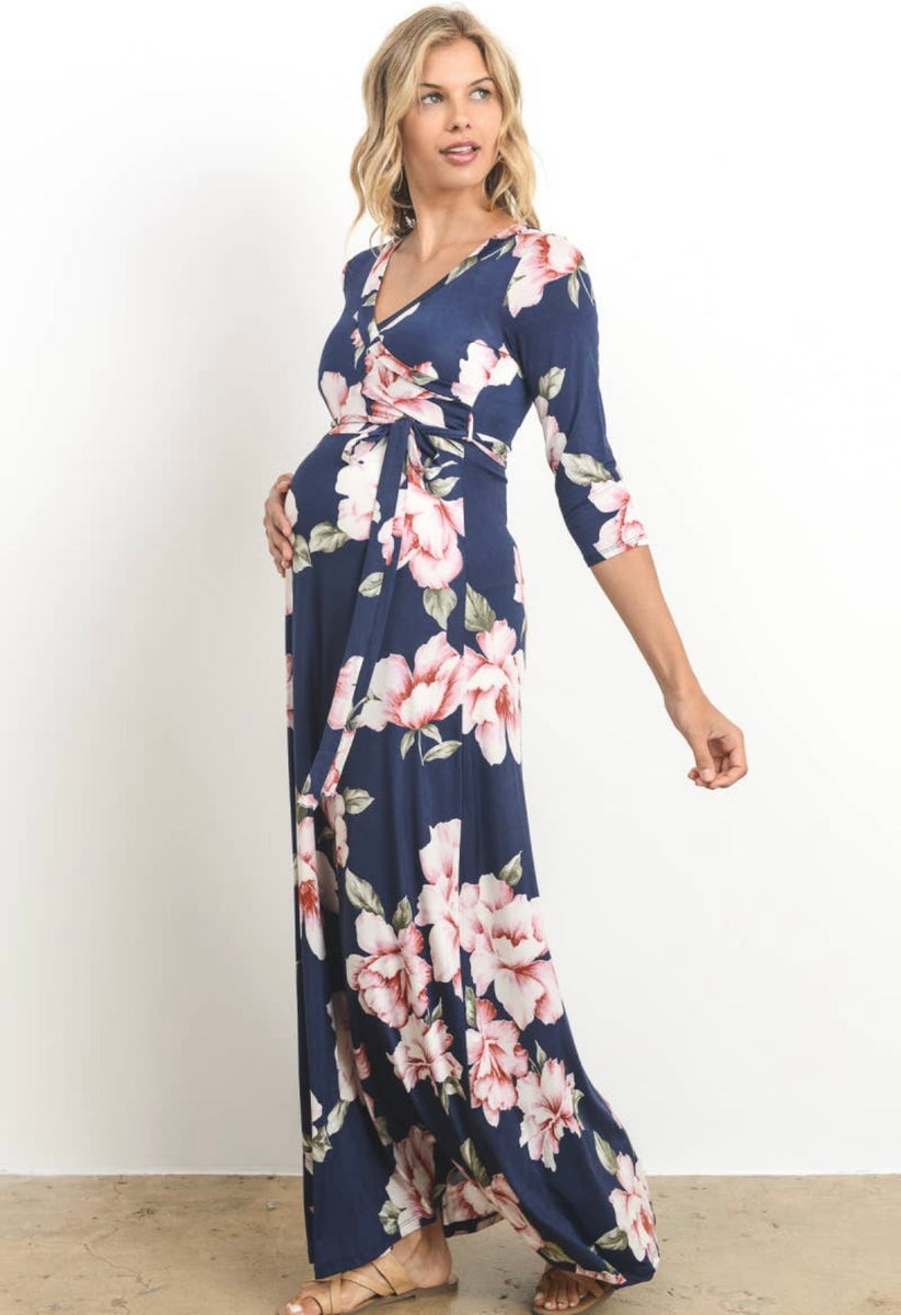 3/4 Sleeve Maternity/Nursing Maxi Dress - Navy with Blush Floral Hatch Boutique 3/4 Sleeve Maternity/Nursing Maxi Dress - Navy with Blush Floral Hatch Boutique