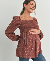 Smocked Maternity Blouse - Floral Print, Brown