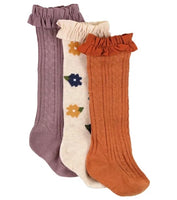 3 Pack Ruffled Knee High Socks - Grapemist, Autumn Petals & Rust