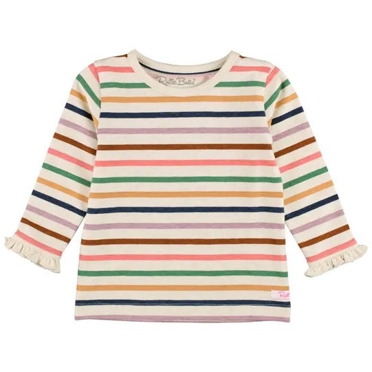 Long Sleeve Knit Top - Rainbow Stripe with Ruffle Sleeve