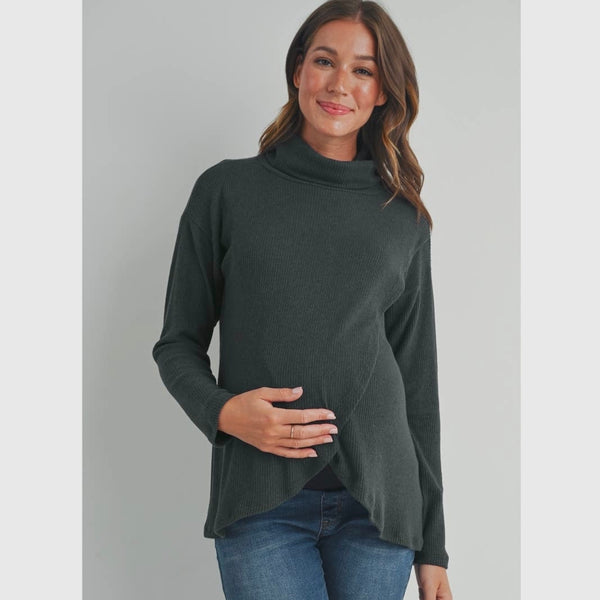 Turtleneck Overlap Maternity/Nursing Sweater - Dark Green