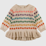 Long Sleeve Ruffle Hem Sweater - Rainbow Hearts Stripe