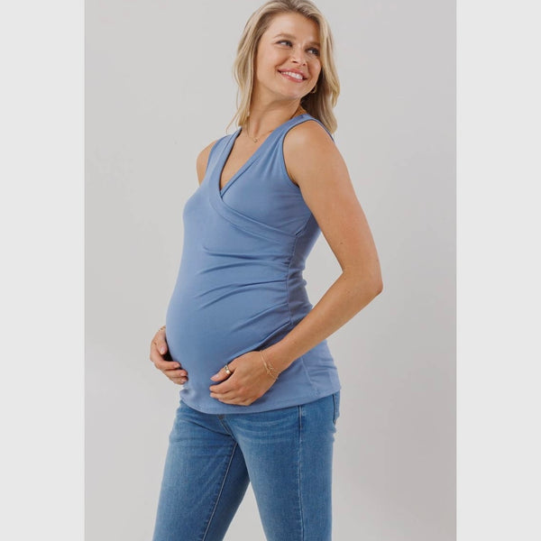 Maternity / Nursing Tank Top with Side Ruching - Denim Blue