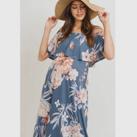 Off Shoulder Ruffle Maxi Maternity Dress - Denim Blue and Blush Floral
