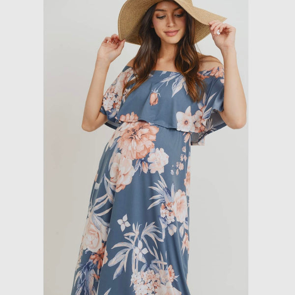 Off Shoulder Ruffle Maxi Maternity Dress - Denim Blue and Blush Floral Hatch Boutique Off Shoulder Ruffle Maxi Maternity Dress - Denim Blue and Blush Floral Hatch Boutique