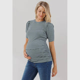 Short Sleeve Maternity Top - Gray Green with Stripe