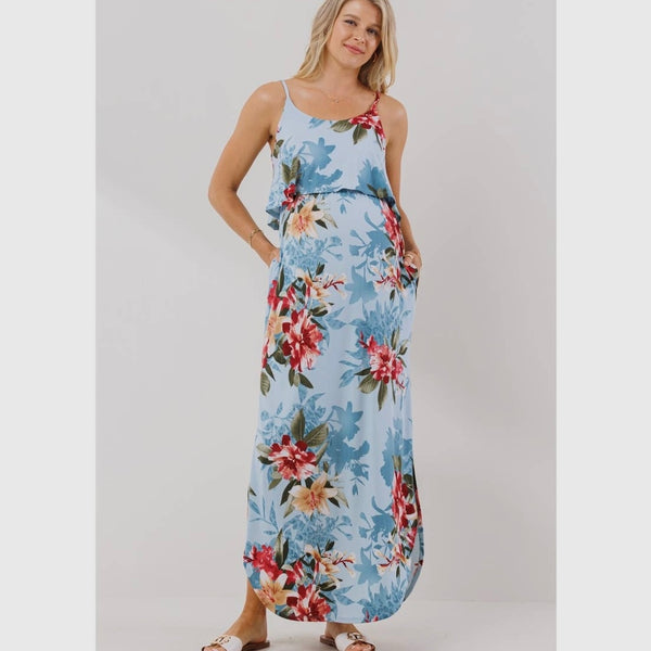 Floral Ruffle Bell Sleeve Maternity Maxi Dress - Cotton