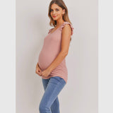 Sleeveless Ribbed Maternity Top with Ruffle Shoulder - Blush