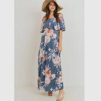 Off Shoulder Ruffle Maxi Maternity Dress - Denim Blue and Blush Floral Hatch Boutique Off Shoulder Ruffle Maxi Maternity Dress - Denim Blue and Blush Floral Hatch Boutique