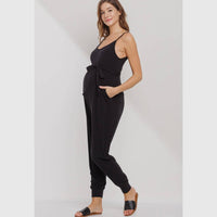 Sleeveless Belted Maternity Jumpsuit - Black