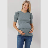 Short Sleeve Maternity Top - Gray Green with Stripe
