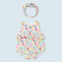 Printed Romper with Matching Headband - Bright Florals