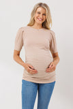Puff Sleeve Maternity Top - Taupe & White Stripe