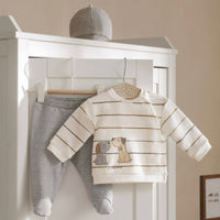 Plush Top and Footed Pants with Hat Set - "Friends," Light Grey & Tan