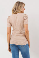 Puff Sleeve Maternity Top - Taupe & White Stripe