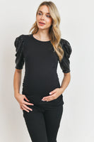 Puffed Sleeve Maternity Top - Black Sequins