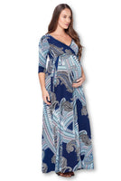 3/4 Sleeve Printed Wrapped Maternity Dress - Navy