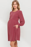 Puff Sleeve Maternity Dress with Pockets - Berry