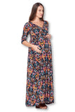 3/4 Sleeve Printed Wrapped Maternity Dress - Black/Orange