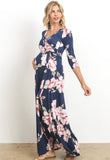3/4 Sleeve Maternity/Nursing Maxi Dress - Navy with Blush Floral