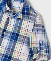 Long Sleeve Linen Plaid Button-Up Shirt - Sky