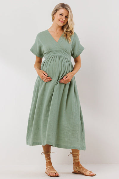 Short Sleeve Maternity/Nursing Wrap Dress - Sage