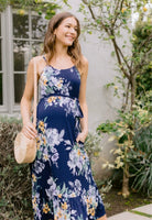 Camisole Maternity Midi Dress with Waist Tie - Floral Print, Navy