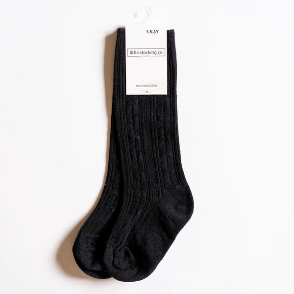 Cable Knit Knee High Socks - Black