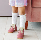 Fancy Lace Top Knee High Socks - White