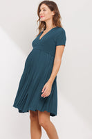 V-Neck Short Sleeve Pleated Maternity/Nursing Dress - Teal