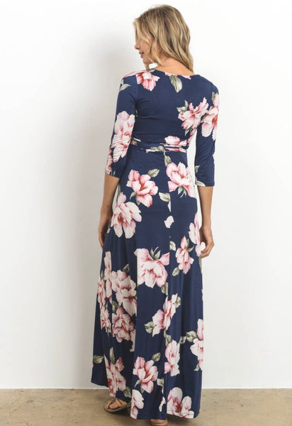 3/4 Sleeve Maternity/Nursing Maxi Dress - Navy with Blush Floral Hatch Boutique 3/4 Sleeve Maternity/Nursing Maxi Dress - Navy with Blush Floral Hatch Boutique