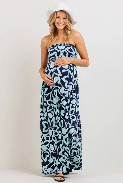Maternity Tube Top Maxi Dress - Navy/Mint Floral