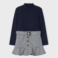 Combined Dress with Houndstooth Skirt - Navy/Green